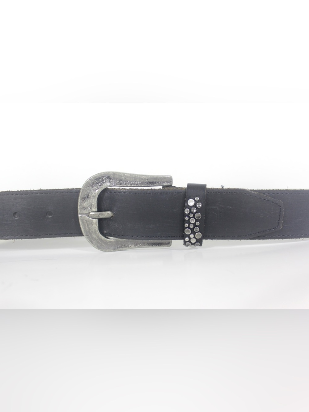 Black Leather Belt with a Studded Keeper Loop and Large Silver Metal Buckle Stud